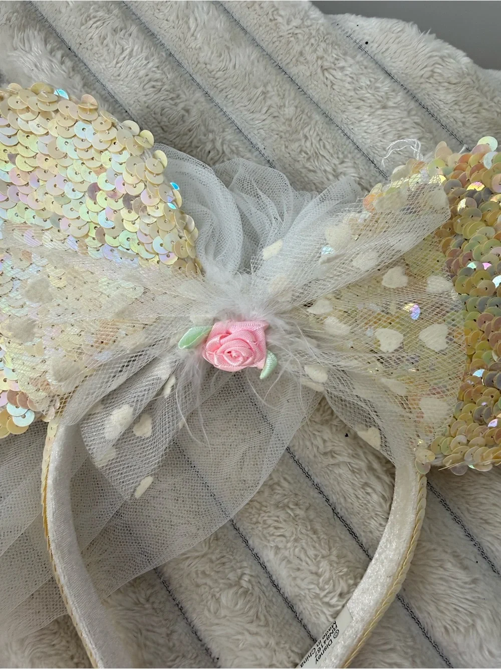Disney Sequin Mouse Ear Headband with White Veil and Pink Rose